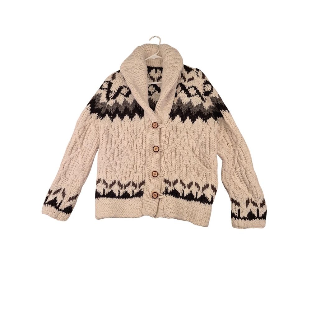 Handmade Cowichan Style Chunky Knit Shawl Collar Cardigan Sweater Mens VTG Sz M